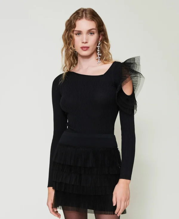 Pulls Et Cardigans*TWINSET Milano Pull Ajusté Avec Ajour Et Tulle Noir