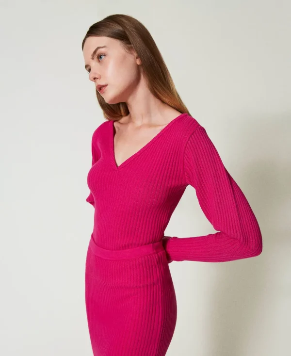 pull_ajust_ctel_3.webp Pulls Et Cardigans*TWINSET Milano Pull Ajusté Côtelé Super Pink