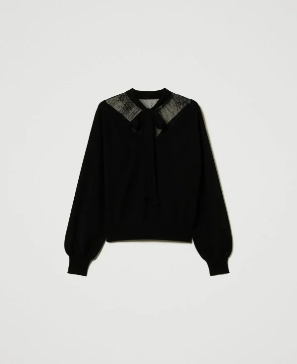 pull_avec_dentelle_et_nud_1.webp Pulls Et Cardigans*TWINSET Milano Pull Avec Dentelle Et Nœud Noir