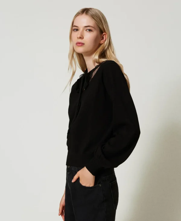 pull_avec_dentelle_et_nud_2.webp Pulls Et Cardigans*TWINSET Milano Pull Avec Dentelle Et Nœud Noir