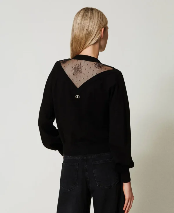 pull_avec_dentelle_et_nud_3.webp Pulls Et Cardigans*TWINSET Milano Pull Avec Dentelle Et Nœud Noir