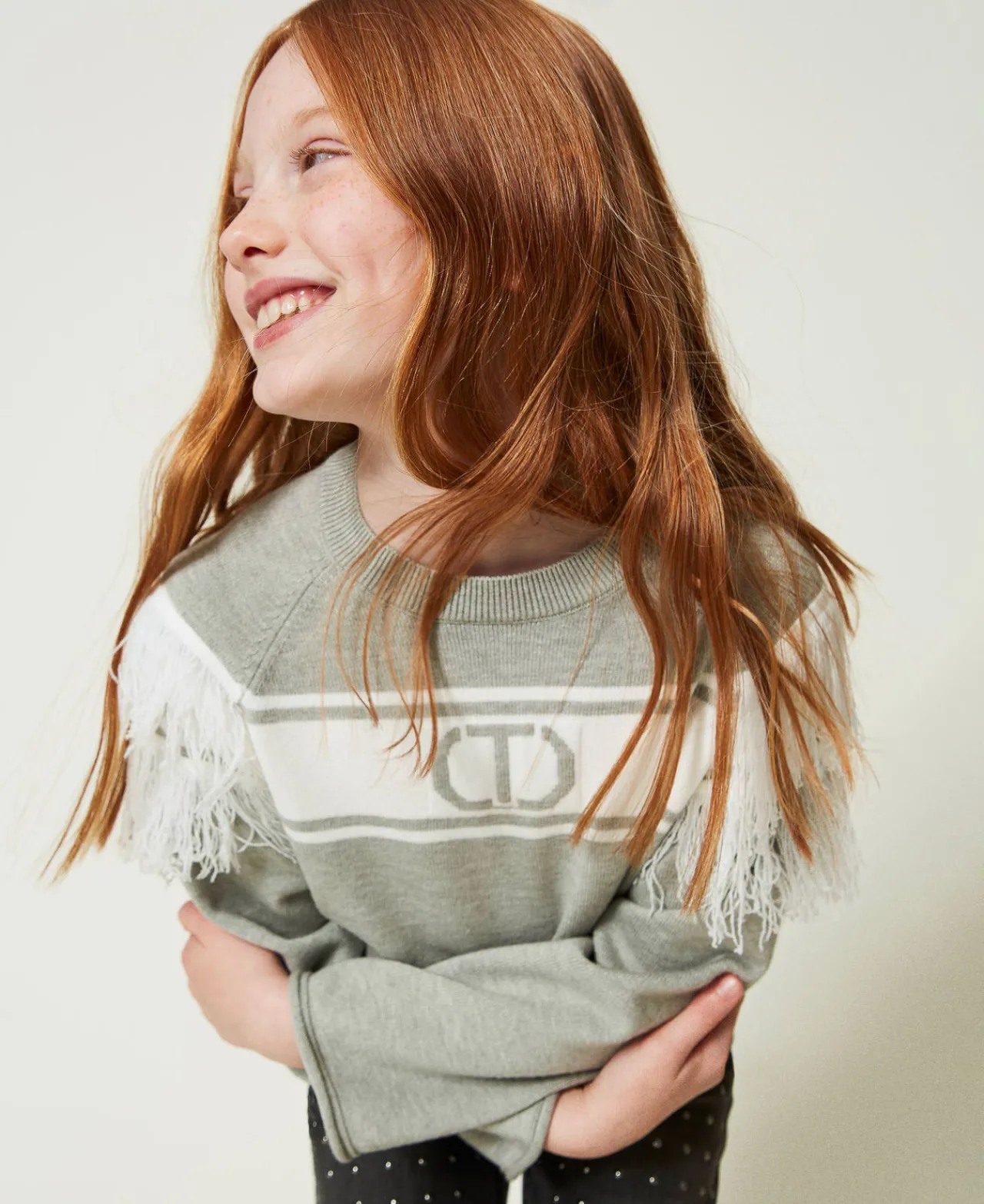 Pulls Et Cardigans*TWINSET Milano Pull Avec Oval T Jacquard Et Franges Bicolore Bleu « Frozen Fjord »/Blanc Cassé
