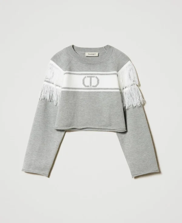 Pulls Et Cardigans*TWINSET Milano Pull Avec Oval T Jacquard Et Franges Bicolore Bleu « Frozen Fjord »/Blanc Cassé