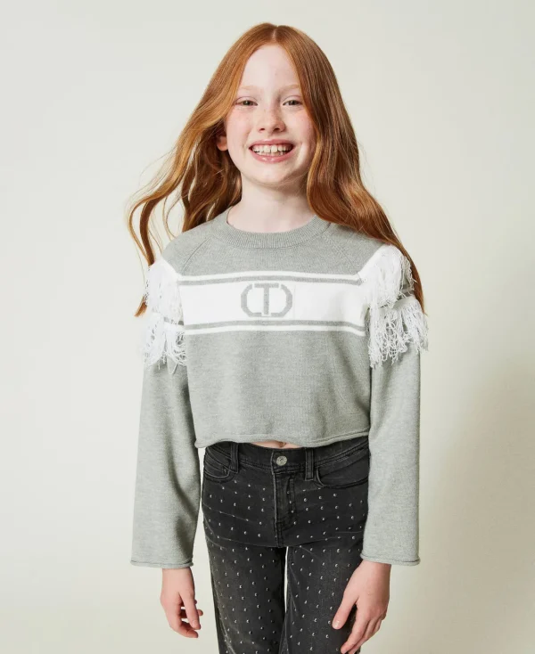Pulls Et Cardigans*TWINSET Milano Pull Avec Oval T Jacquard Et Franges Bicolore Bleu « Frozen Fjord »/Blanc Cassé