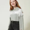 Pulls Et Cardigans*TWINSET Milano Pull Avec Oval T Jacquard Et Franges Bicolore Bleu « Frozen Fjord »/Blanc Cassé