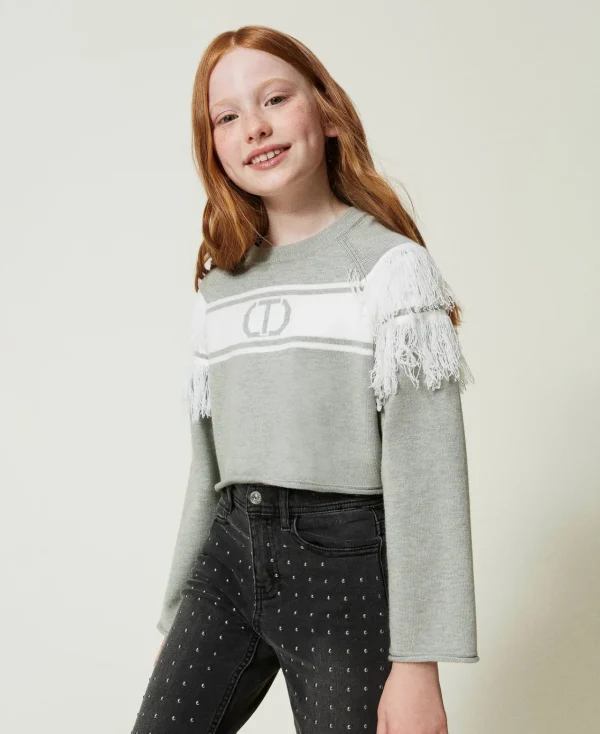 Pulls Et Cardigans*TWINSET Milano Pull Avec Oval T Jacquard Et Franges Bicolore Bleu « Frozen Fjord »/Blanc Cassé