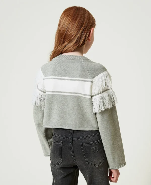 Pulls Et Cardigans*TWINSET Milano Pull Avec Oval T Jacquard Et Franges Bicolore Bleu « Frozen Fjord »/Blanc Cassé