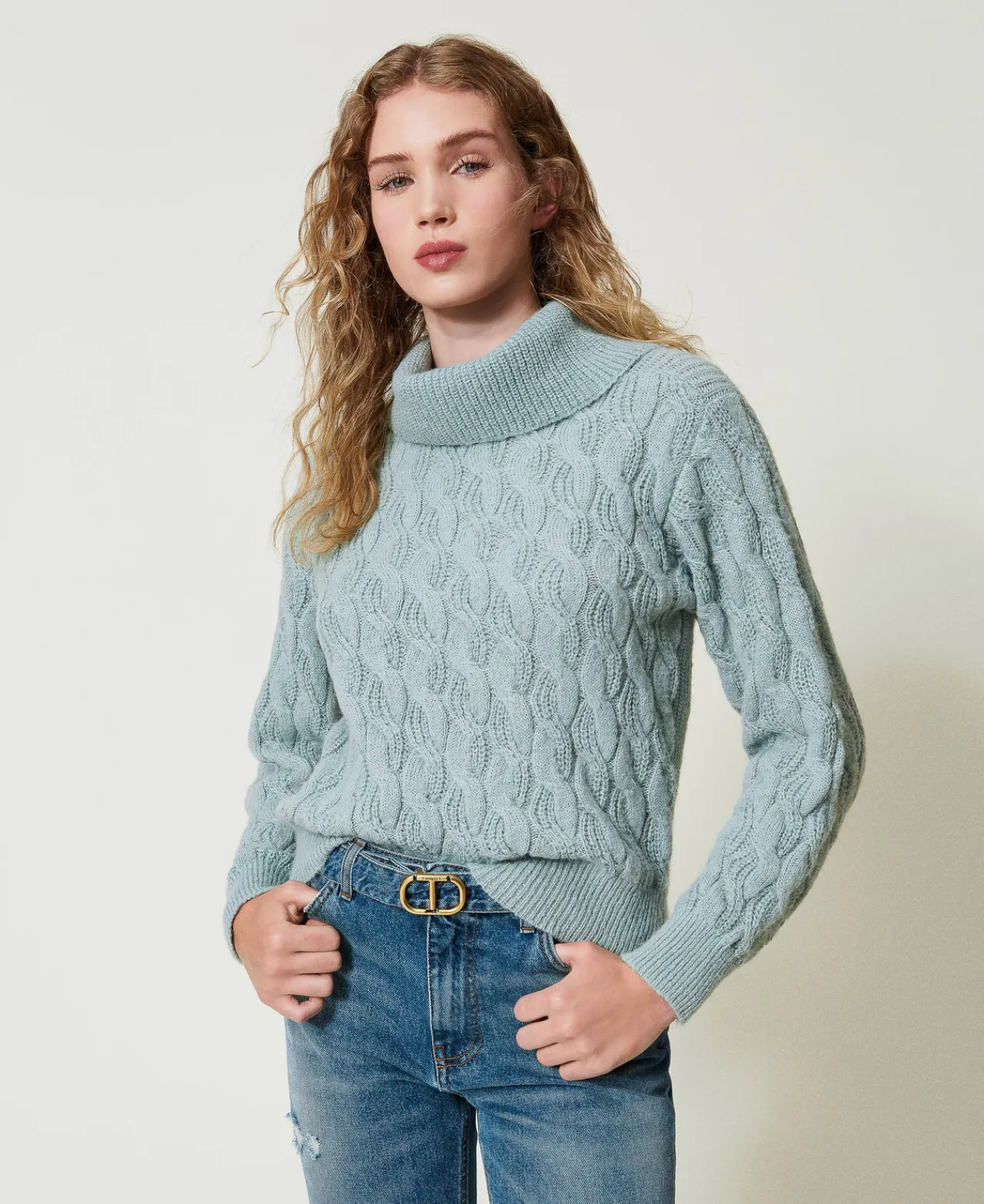 pull_avec_torsades_et_gra_0.webp Pulls Et Cardigans*TWINSET Milano Pull Avec Torsades Et Grand Col Vert Agave