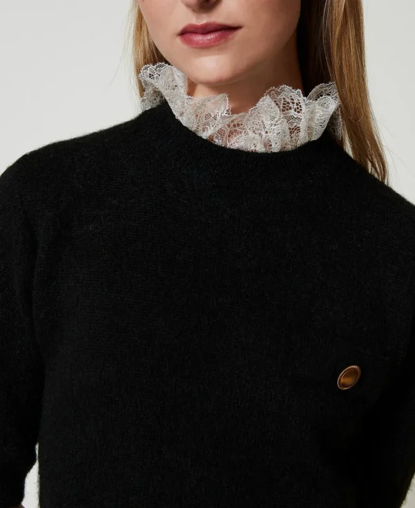 Pulls Et Cardigans*TWINSET Milano Pull «Charlotte» En Mohair Mélangé Avec Dentelle Noir