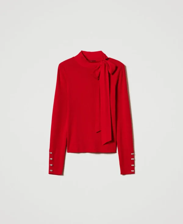 pull_col_montant_avec_nud_1.webp Pulls Et Cardigans*TWINSET Milano Pull Col Montant Avec Nœud Et Broderie Fiery Red