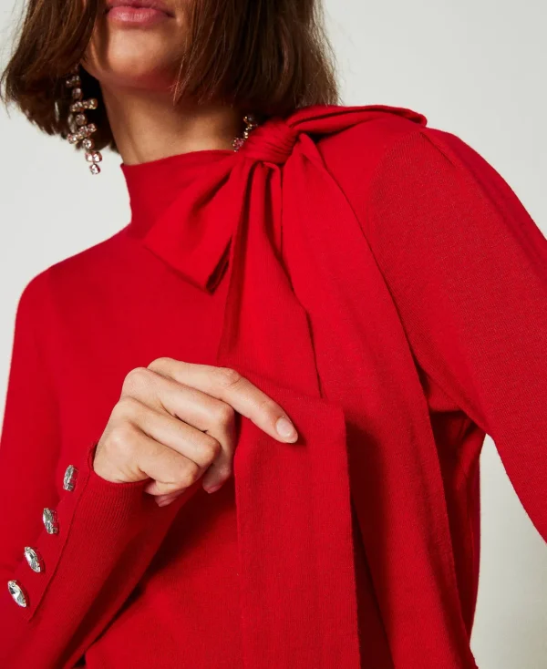 pull_col_montant_avec_nud_4.webp Pulls Et Cardigans*TWINSET Milano Pull Col Montant Avec Nœud Et Broderie Fiery Red