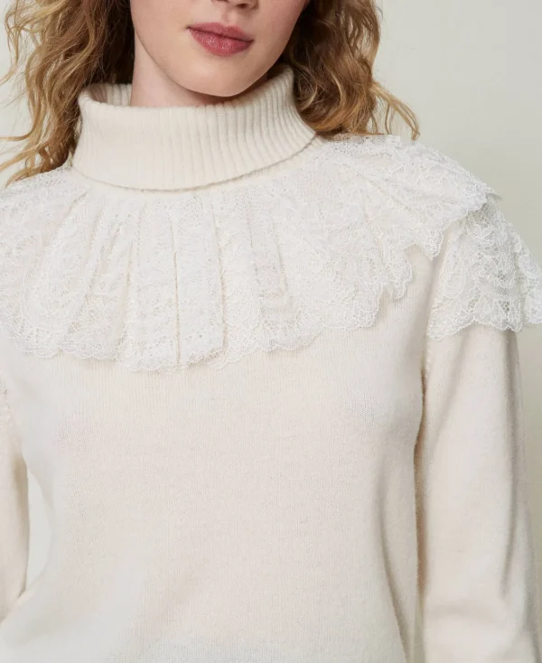 pull_col_roul_en_laine_et_5.webp Pulls Et Cardigans*TWINSET Milano Pull Col Roulé En Laine Et Cachemire Blanc « Old White »