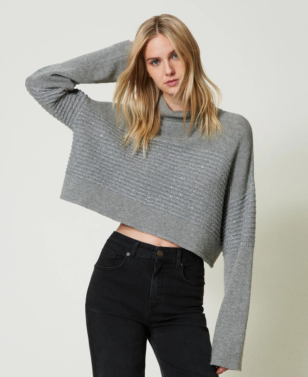 pull_col_roul_en_laine_ml_0.webp Pulls Et Cardigans*TWINSET Milano Pull Col Roulé En Laine Mélangée Avec Sequins Gris Chiné Foncé