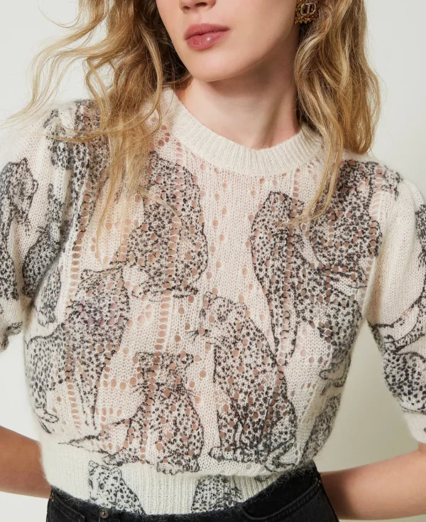 pull_cropped_en_mlange_de_0.webp Pulls Et Cardigans*TWINSET Milano Pull Cropped En Mélange De Laine Et Mohair Imprimé Jaguars Noir/Blanc Neige