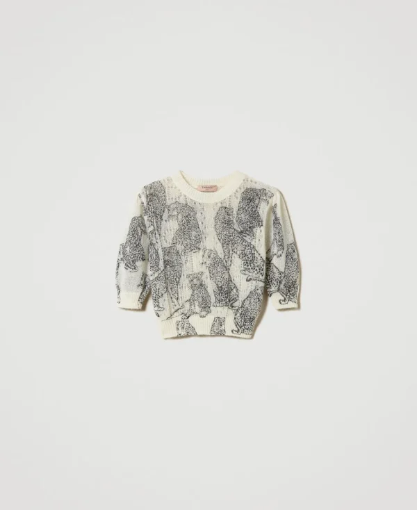 pull_cropped_en_mlange_de_1.webp Pulls Et Cardigans*TWINSET Milano Pull Cropped En Mélange De Laine Et Mohair Imprimé Jaguars Noir/Blanc Neige