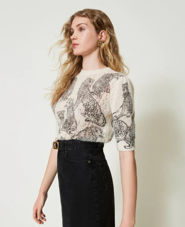 pull_cropped_en_mlange_de_3.webp Pulls Et Cardigans*TWINSET Milano Pull Cropped En Mélange De Laine Et Mohair Imprimé Jaguars Noir/Blanc Neige