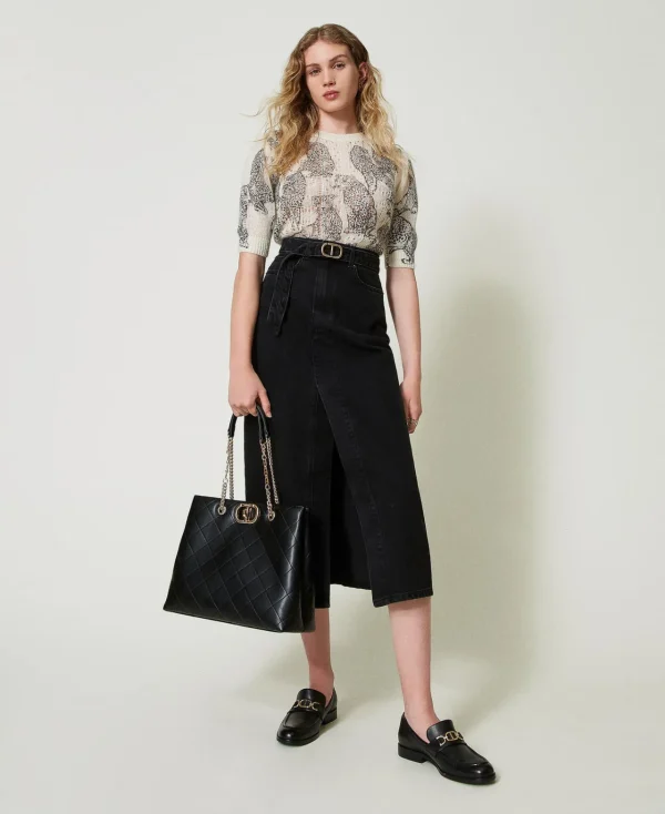pull_cropped_en_mlange_de_5.webp Pulls Et Cardigans*TWINSET Milano Pull Cropped En Mélange De Laine Et Mohair Imprimé Jaguars Noir/Blanc Neige