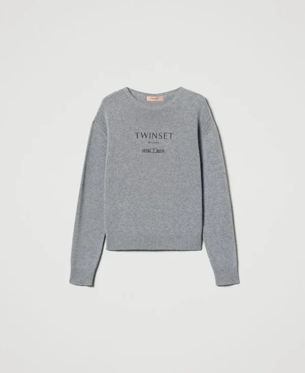 pull_en_laine_mlange_avec_1-4.webp Pulls Et Cardigans*TWINSET Milano Pull En Laine Mélangée Avec Logo Brodé Gris Chiné Foncé