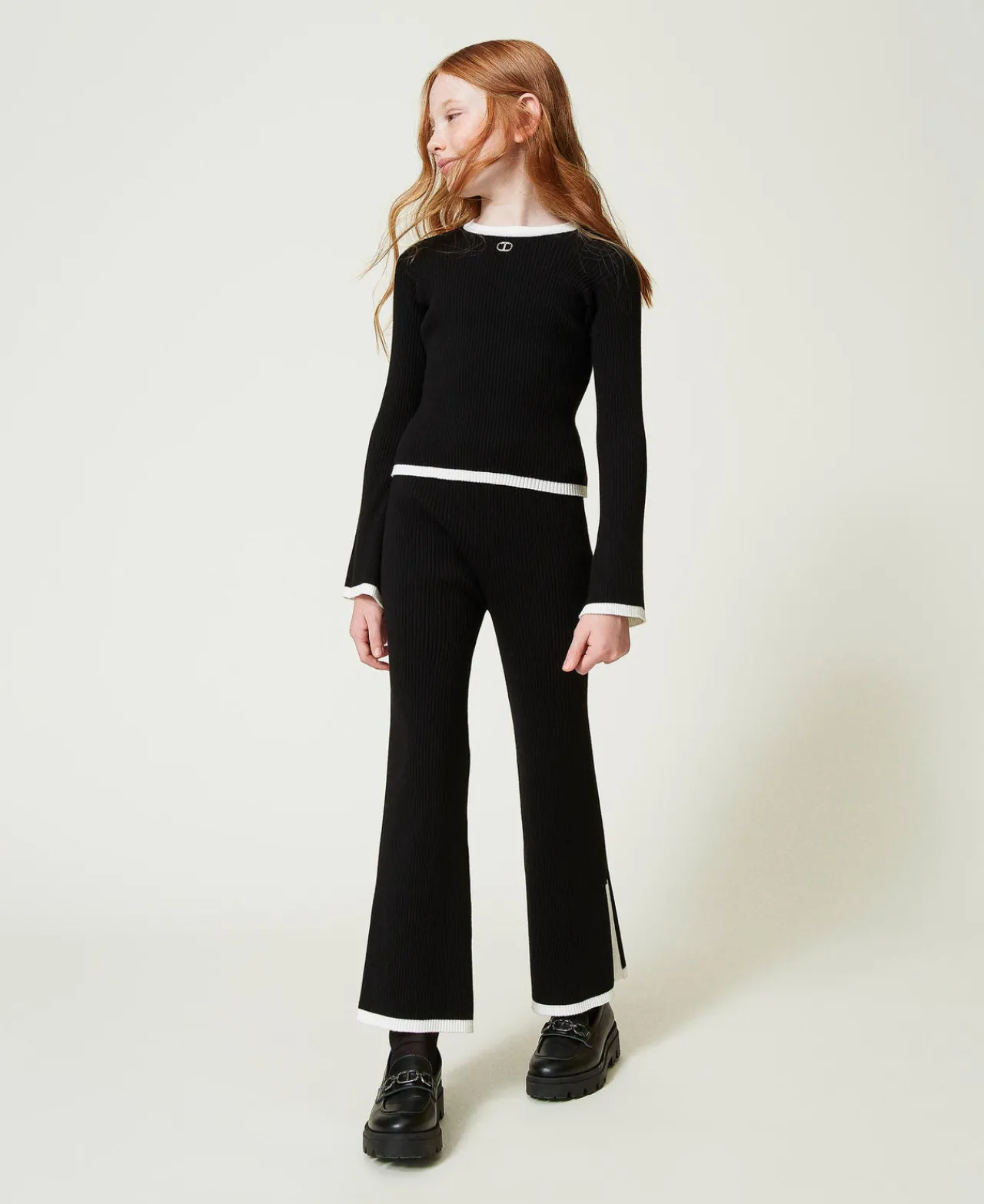 Pulls Et Cardigans*TWINSET Milano Pull Et Pantalon Ample Avec Finition Côtelée Bicolore Noir / Blanc Cassé