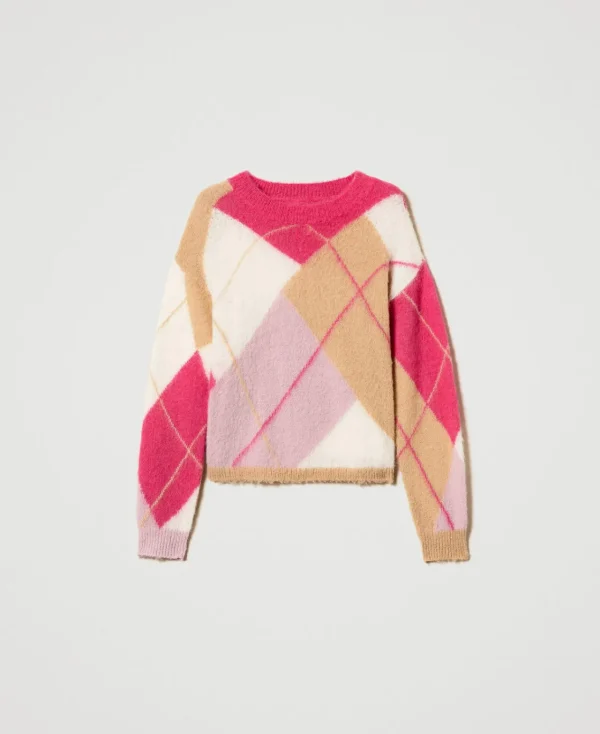 pull_jacquard_argyle_en_l_1.webp Pulls Et Cardigans*TWINSET Milano Pull Jacquard Argyle En Laine Mélangée Jacquard Argyle Rose