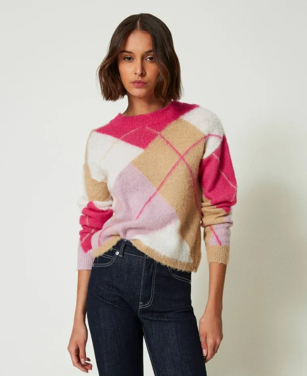 pull_jacquard_argyle_en_l_2.webp Pulls Et Cardigans*TWINSET Milano Pull Jacquard Argyle En Laine Mélangée Jacquard Argyle Rose