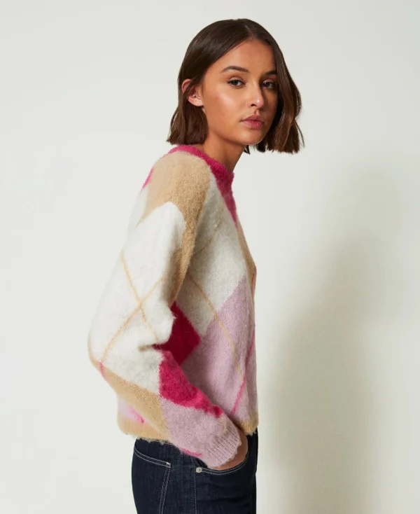 pull_jacquard_argyle_en_l_3.webp Pulls Et Cardigans*TWINSET Milano Pull Jacquard Argyle En Laine Mélangée Jacquard Argyle Rose