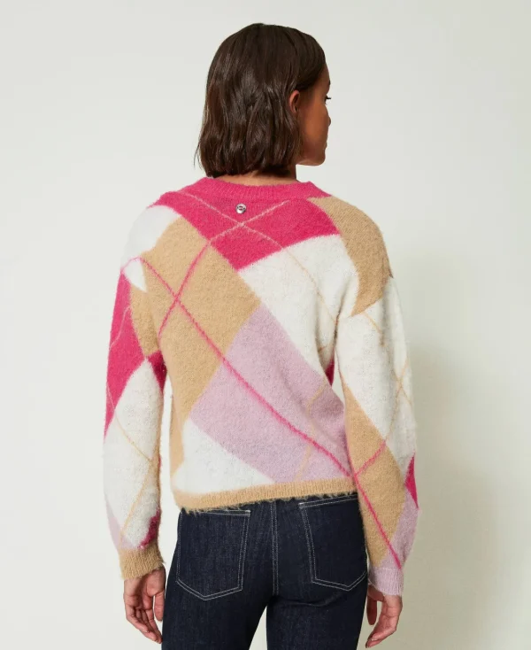 pull_jacquard_argyle_en_l_4.webp Pulls Et Cardigans*TWINSET Milano Pull Jacquard Argyle En Laine Mélangée Jacquard Argyle Rose