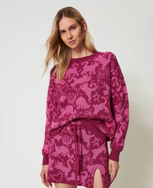 pull_jacquard_en_fil_tree_0.webp Pulls Et Cardigans*TWINSET Milano Pull Jacquard En Fil Treeblend Jacquard Chats Raspberry Radiance/Cone Flower