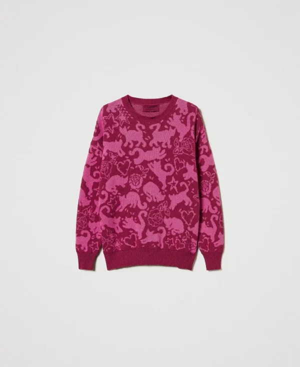 pull_jacquard_en_fil_tree_1.webp Pulls Et Cardigans*TWINSET Milano Pull Jacquard En Fil Treeblend Jacquard Chats Raspberry Radiance/Cone Flower