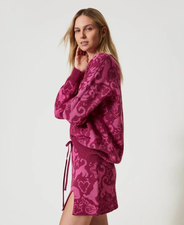 pull_jacquard_en_fil_tree_2.webp Pulls Et Cardigans*TWINSET Milano Pull Jacquard En Fil Treeblend Jacquard Chats Raspberry Radiance/Cone Flower