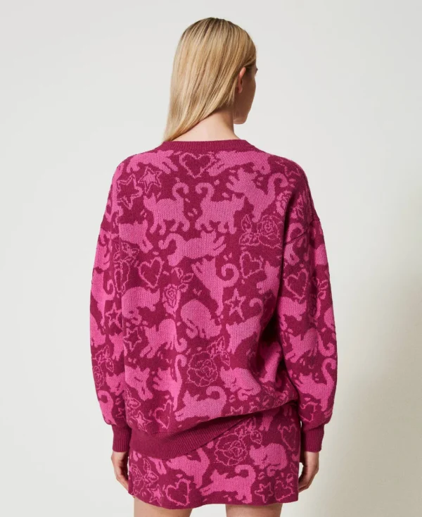 pull_jacquard_en_fil_tree_3.webp Pulls Et Cardigans*TWINSET Milano Pull Jacquard En Fil Treeblend Jacquard Chats Raspberry Radiance/Cone Flower