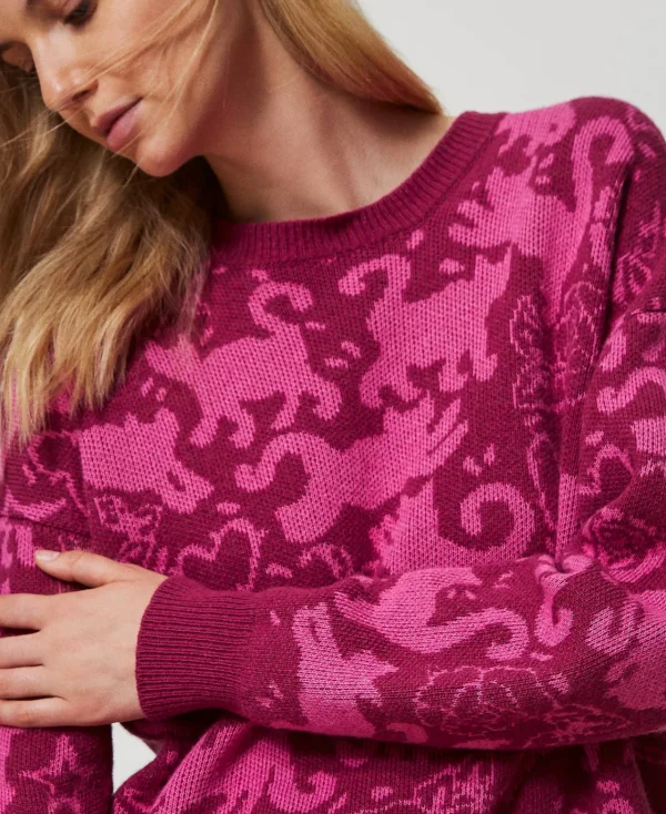 pull_jacquard_en_fil_tree_4.webp Pulls Et Cardigans*TWINSET Milano Pull Jacquard En Fil Treeblend Jacquard Chats Raspberry Radiance/Cone Flower
