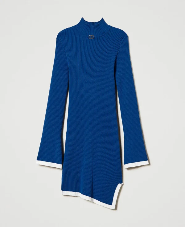 robe_courte_ajuste_en_mai_1-1.webp Robes*TWINSET Milano Robe Courte Ajustée En Maille Côtelée Bicolore Bleu « Surf »/Blanc Cassé