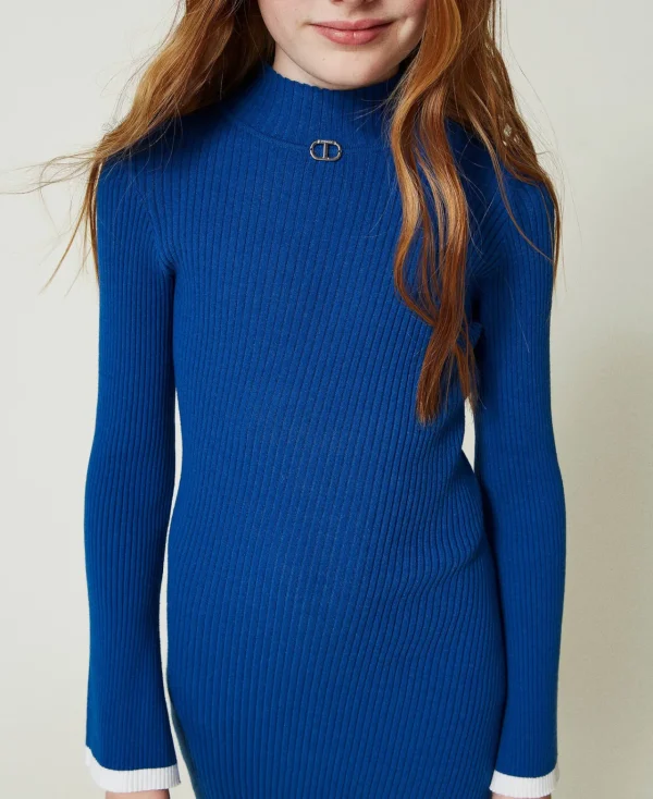 robe_courte_ajuste_en_mai_4-1.webp Robes*TWINSET Milano Robe Courte Ajustée En Maille Côtelée Bicolore Bleu « Surf »/Blanc Cassé