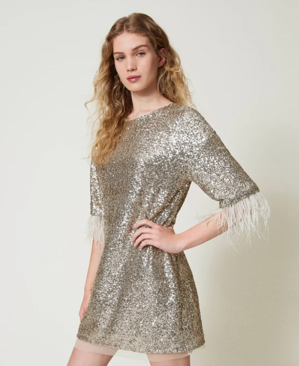 robe_courte_avec_sequins__0.webp Robes De Cérémonie | Robes Courtes*TWINSET Milano Robe Courte Avec Sequins All-over Platine