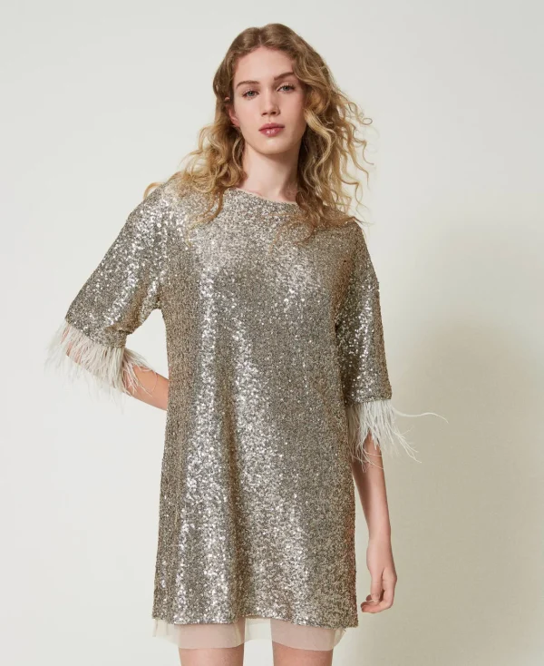 robe_courte_avec_sequins__2.webp Robes De Cérémonie | Robes Courtes*TWINSET Milano Robe Courte Avec Sequins All-over Platine