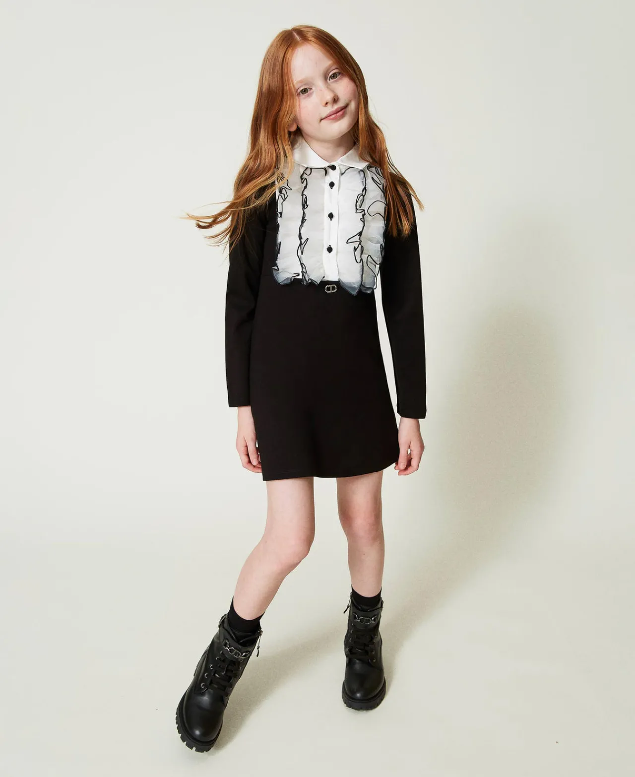 robe_courte_avec_volants__0-2.webp Robes*TWINSET Milano Robe Courte Avec Volants En Organza Bicolore Noir / Blanc Cassé