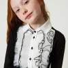 Robes*TWINSET Milano Robe Courte Avec Volants En Organza Bicolore Noir / Blanc Cassé