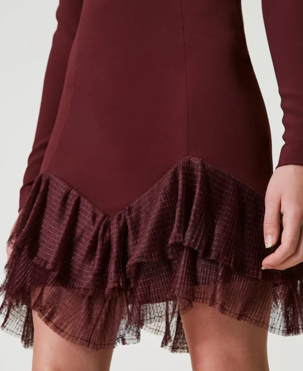 robe_courte_avec_volants__4.webp Robes Élégantes | Robes Courtes*TWINSET Milano Robe Courte Avec Volants Plissés En Tulle Rouge « Plum Wine »