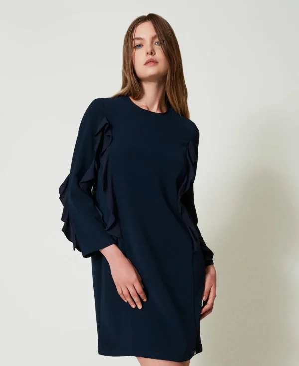 robe_courte_en_cady_avec__2.webp Robes Courtes*TWINSET Milano Robe Courte En Cady Avec Volant Bleu Marine