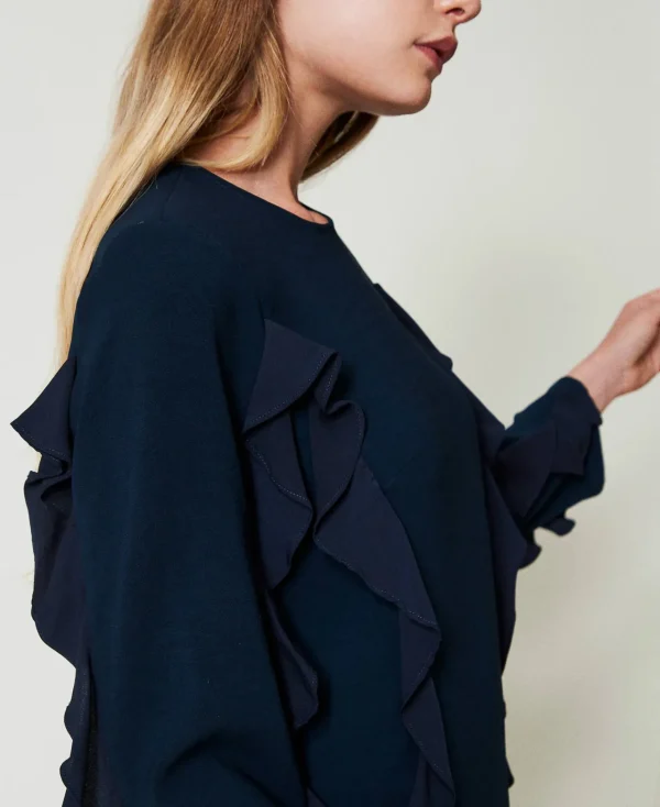 robe_courte_en_cady_avec__4.webp Robes Courtes*TWINSET Milano Robe Courte En Cady Avec Volant Bleu Marine