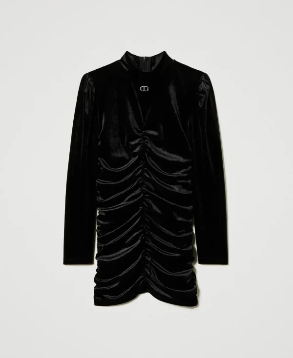 robe_courte_en_chenille_a_1.webp Robes*TWINSET Milano Robe Courte En Chenille Avec Fronces Noir