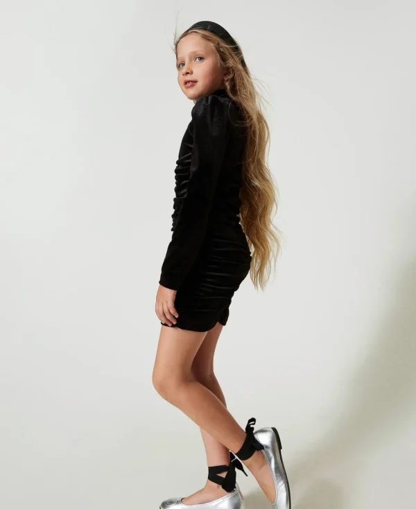 robe_courte_en_chenille_a_2.webp Robes*TWINSET Milano Robe Courte En Chenille Avec Fronces Noir