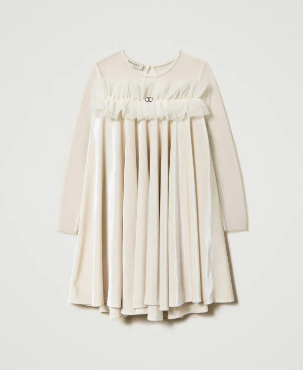 robe_courte_en_chenille_e_1.webp Robes*TWINSET Milano Robe Courte En Chenille Et Tulle Off White