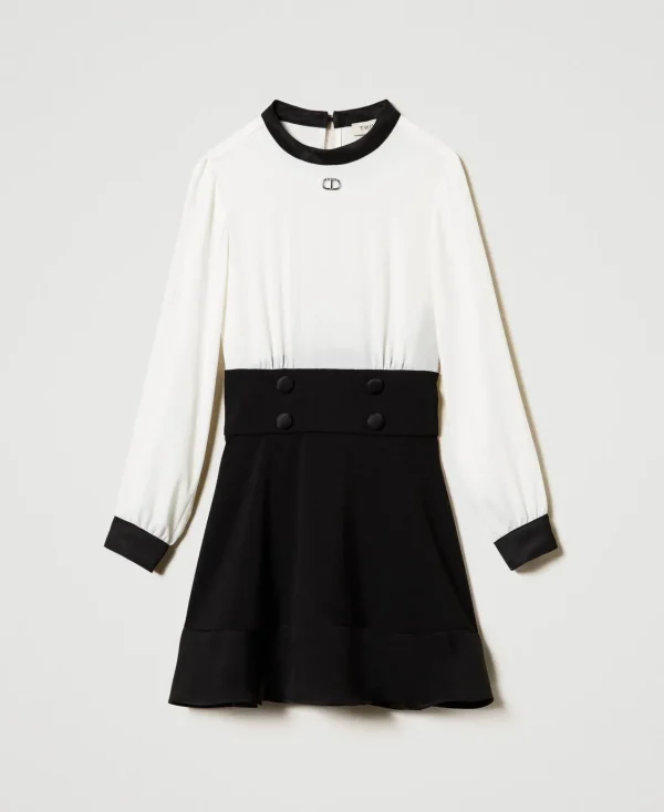 robe_courte_en_crpe_de_ch_1-2.webp Robes*TWINSET Milano Robe Courte En Crêpe De Chine Et Flanelle Bicolore Blanc Cassé / Noir