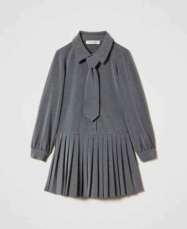robe_courte_en_flanelle_a_1.webp Robes*TWINSET Milano Robe Courte En Flanelle Avec Cravate Gris Moyen Mélangé