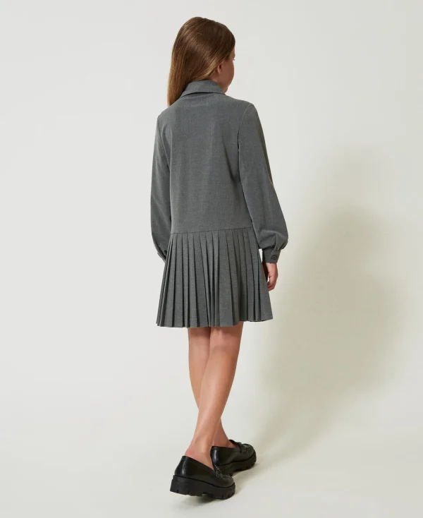 robe_courte_en_flanelle_a_3.webp Robes*TWINSET Milano Robe Courte En Flanelle Avec Cravate Gris Moyen Mélangé