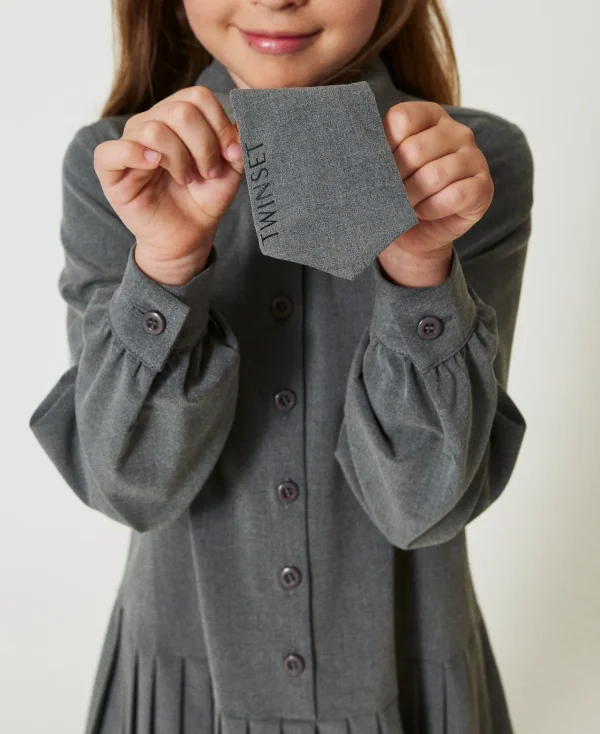 robe_courte_en_flanelle_a_4.webp Robes*TWINSET Milano Robe Courte En Flanelle Avec Cravate Gris Moyen Mélangé