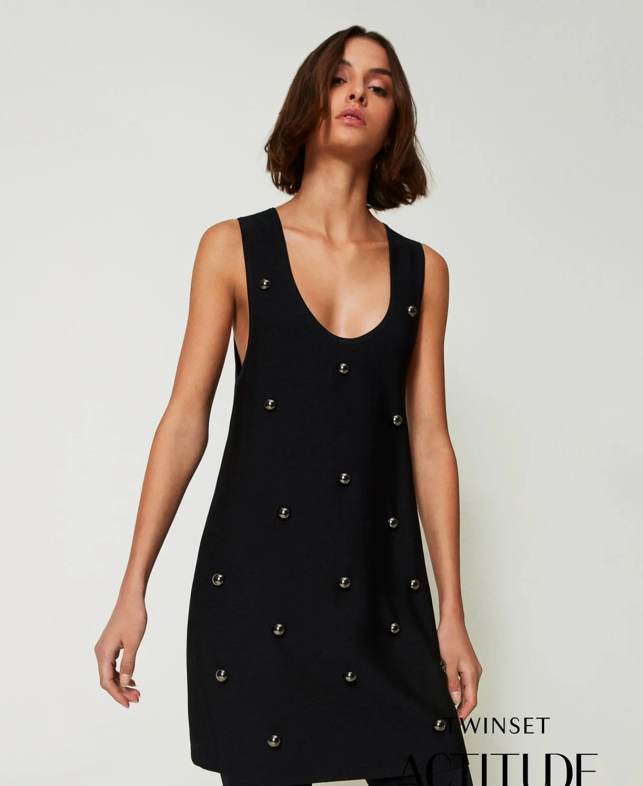 robe_courte_en_maille_ave_0-2.webp Robes En Maille | Robes Courtes*TWINSET Milano Robe Courte En Maille Avec Clous Noir