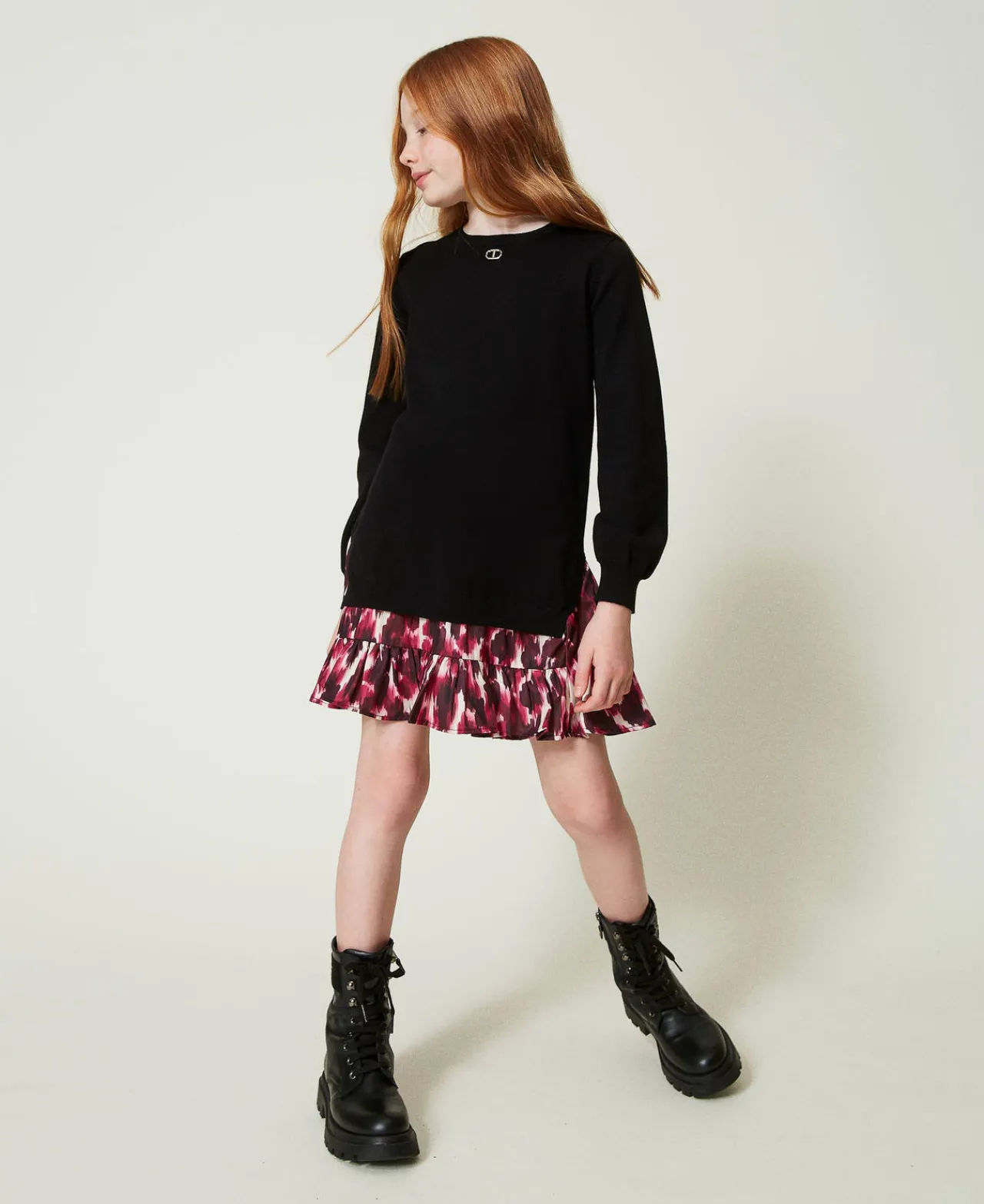 robe_courte_en_maille_ave_0-6.webp Robes*TWINSET Milano Robe Courte En Maille Avec Insertion Imprimée Noir